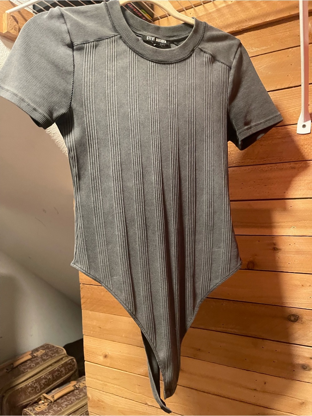 Steve Madden Gray Ribbed Short-Sleeve Bodysuit Top